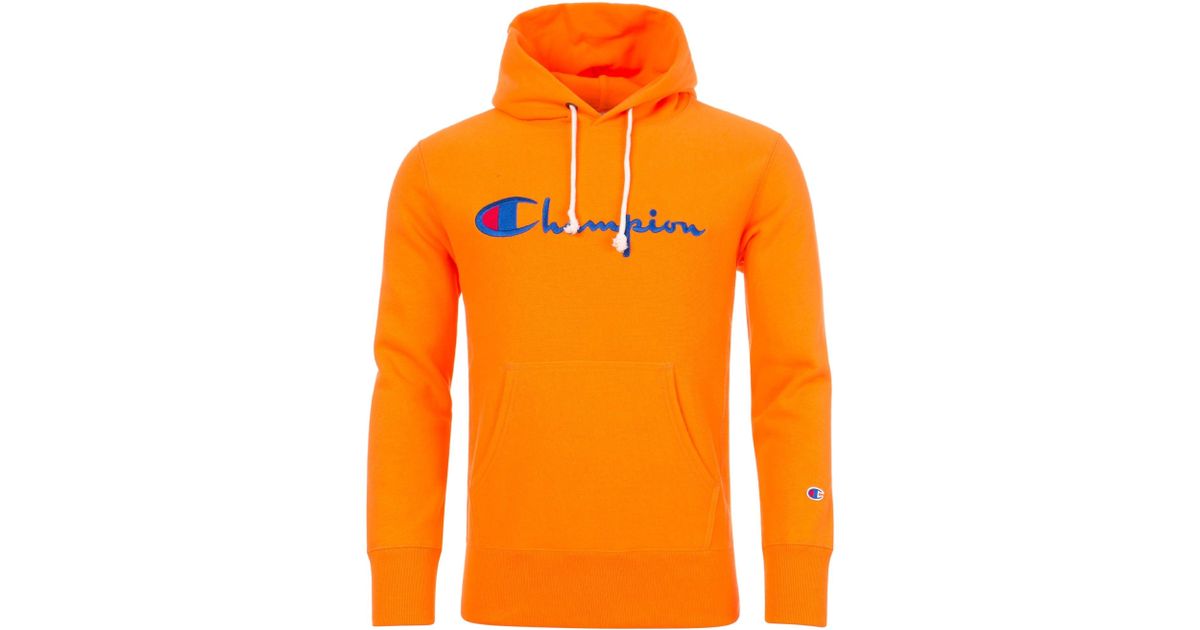 Champion Script Logo Reverse Weave Fleece Lined Hoodie In Orange