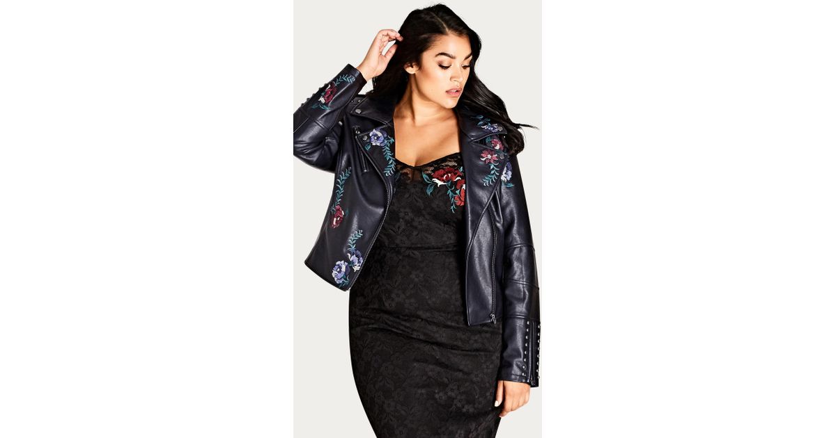 Lyst City Chic Embroidered Rose Biker Jacket In Black