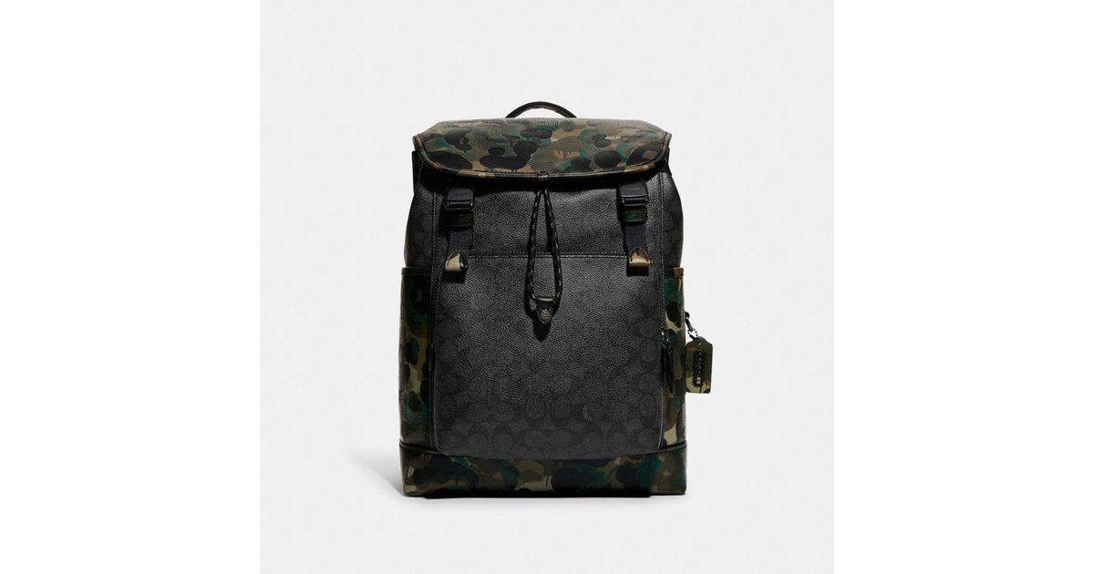 COACH League Flap Backpack In Signature Canvas With Camo Print in Green