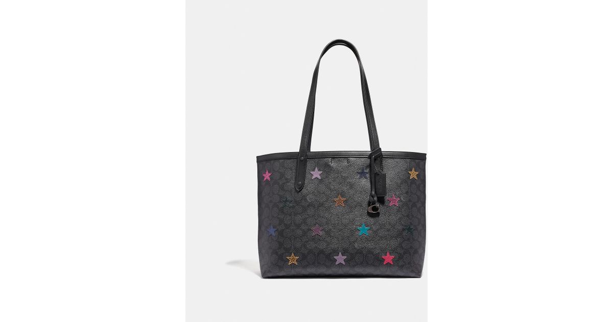 COACH Central Tote In Signature Canvas With Star Applique And Snakeskin  Detail in Black - Lyst