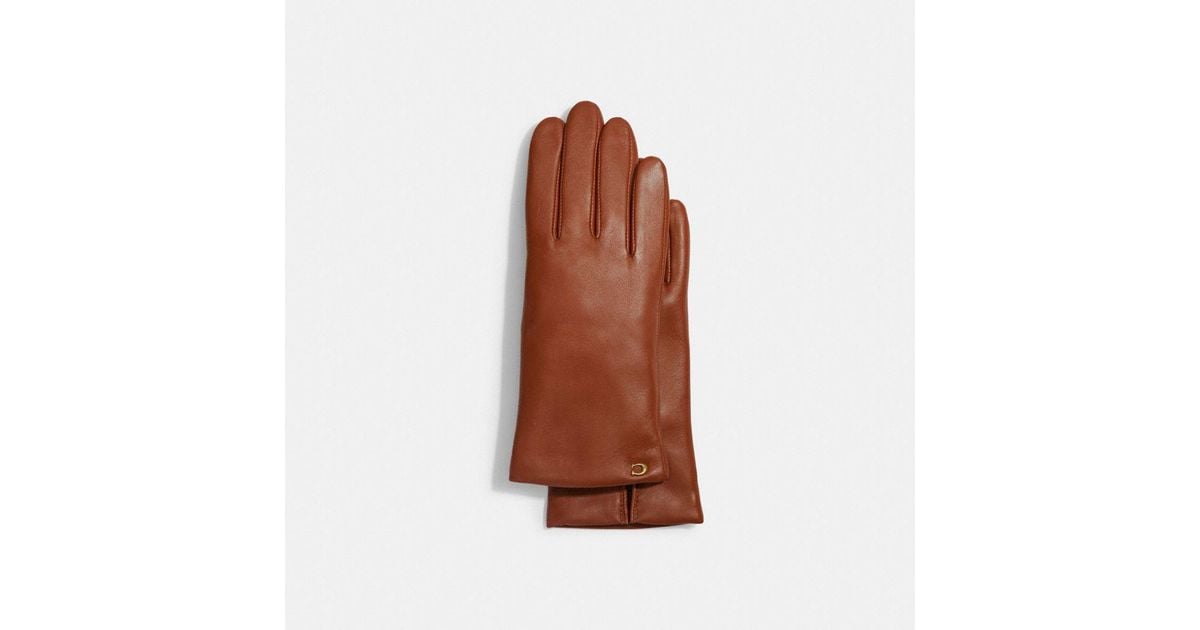 COACH Sculpted Signature Leather Tech Gloves in Brown Lyst