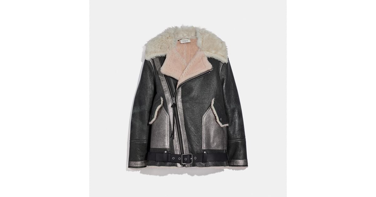 COACH Shearling Leather Jacket in Black/Pink (Black) Save 2 Lyst