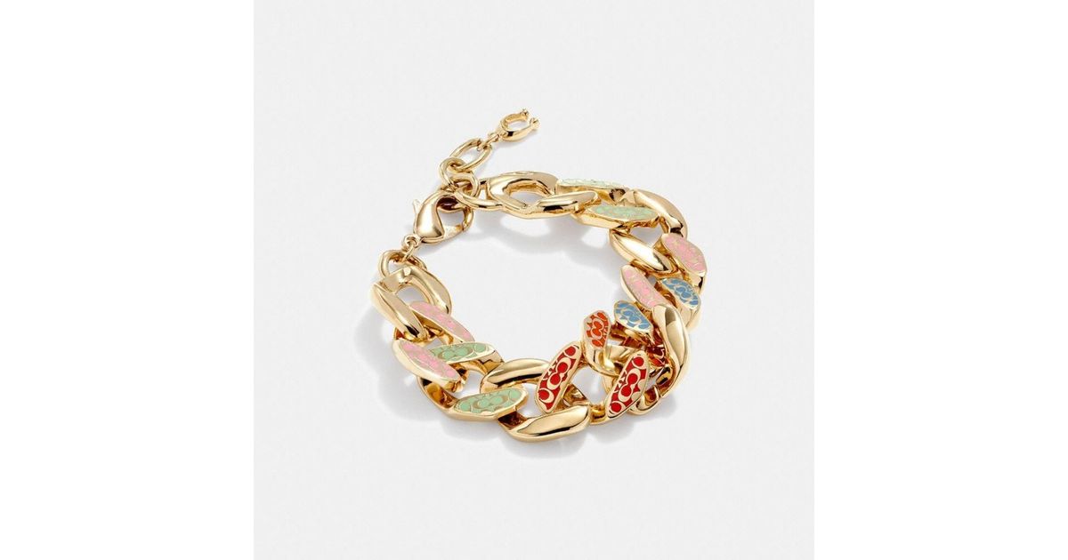 COACH Quilted Signature Enamel Link Bracelet in Metallic Lyst