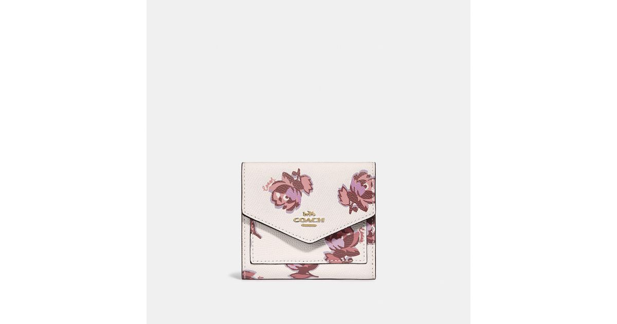 COACH Canvas Small Wallet With Floral Print in Gold/Chalk Floral 