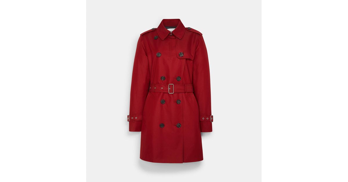 COACH Cotton Solid Mid Trench in Ruby (Red) - Lyst