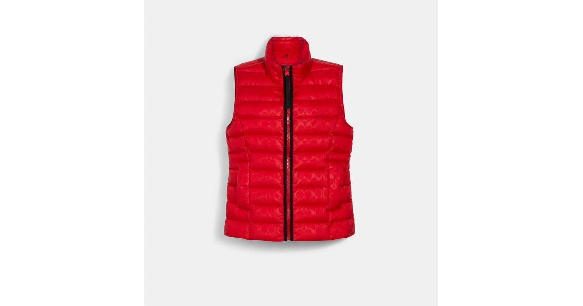 COACH Synthetic Signature Embossed Short Down Vest in Poppy (Red 