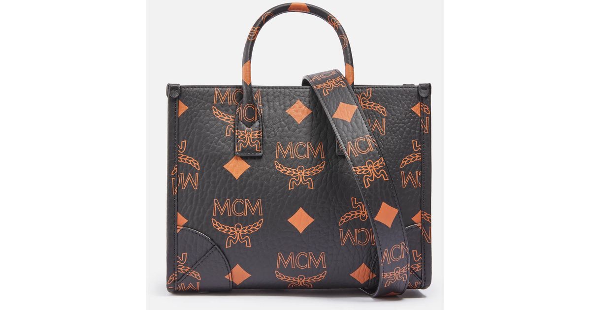 MCM Small Munchen Coated Canvas Tote Bag in Black | Lyst