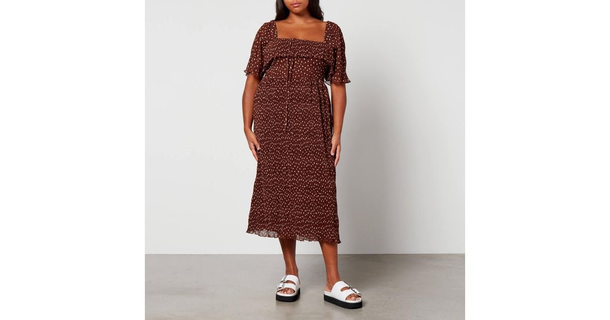 Ganni Printed Pliss georgette Midi Dress in Brown Lyst