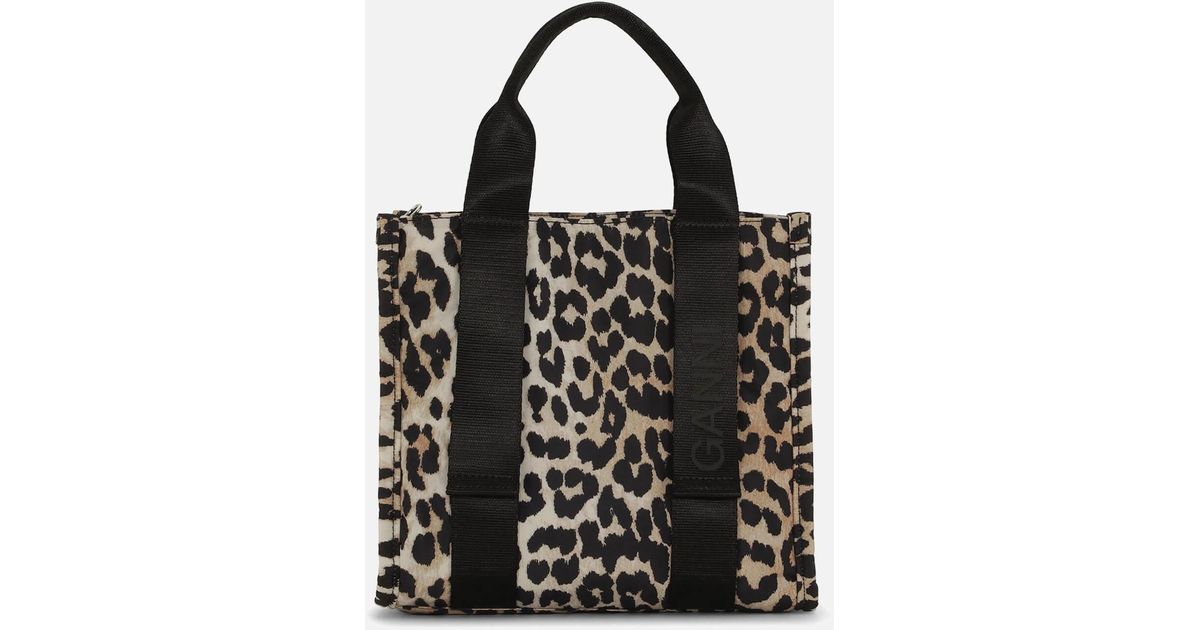 Ganni Tech Small Leopard-print Canvas Tote Bag in Black | Lyst UK