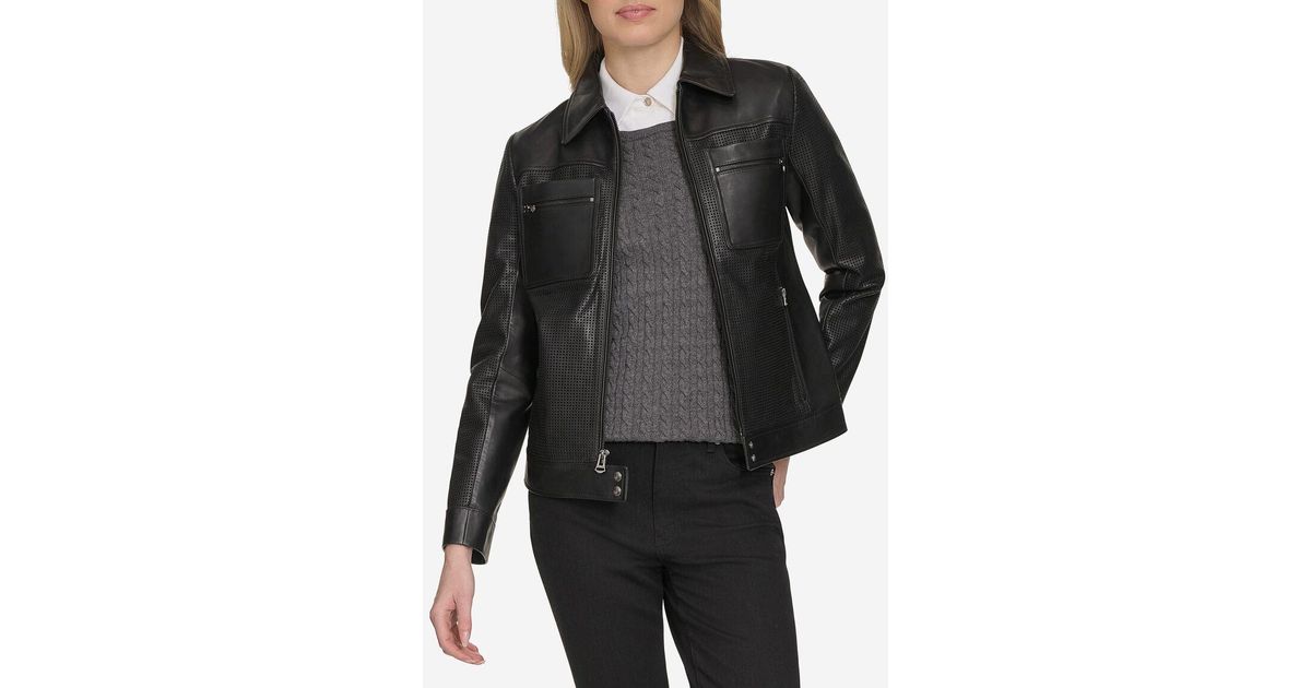 【Cole Haan】ジャケット/ Women's Shirt Collar Trucker Jacket Cole Haan Women's Leather Shirt Collar Jacket, Hazelnut