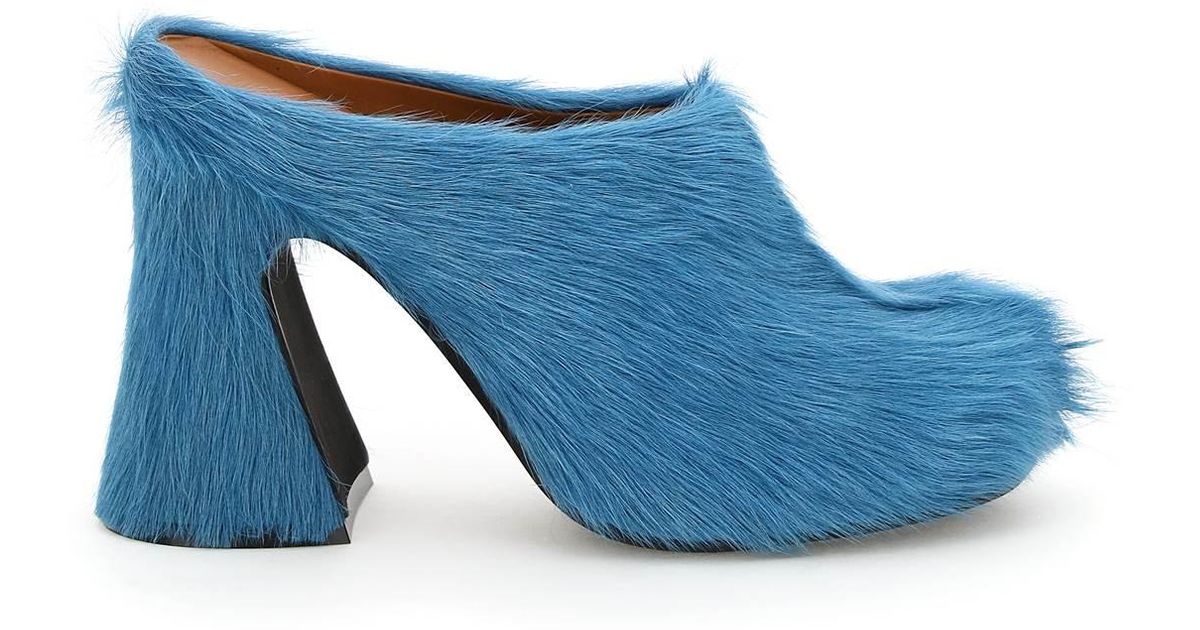 Marni Fur Mules in Blue | Lyst