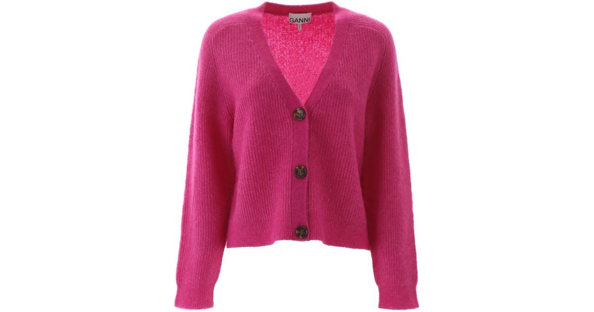 Ganni Wool V-neck Cardigan in Fuchsia (Pink) - Lyst