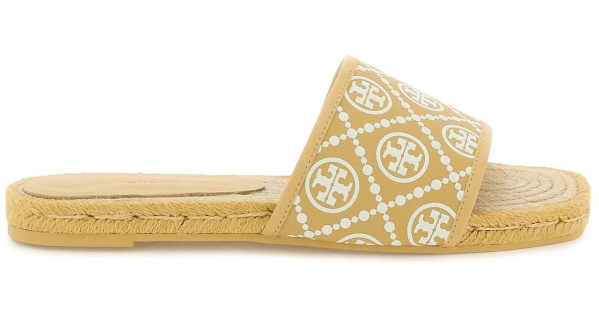 Tory Burch T Monogram Slides in Natural | Lyst