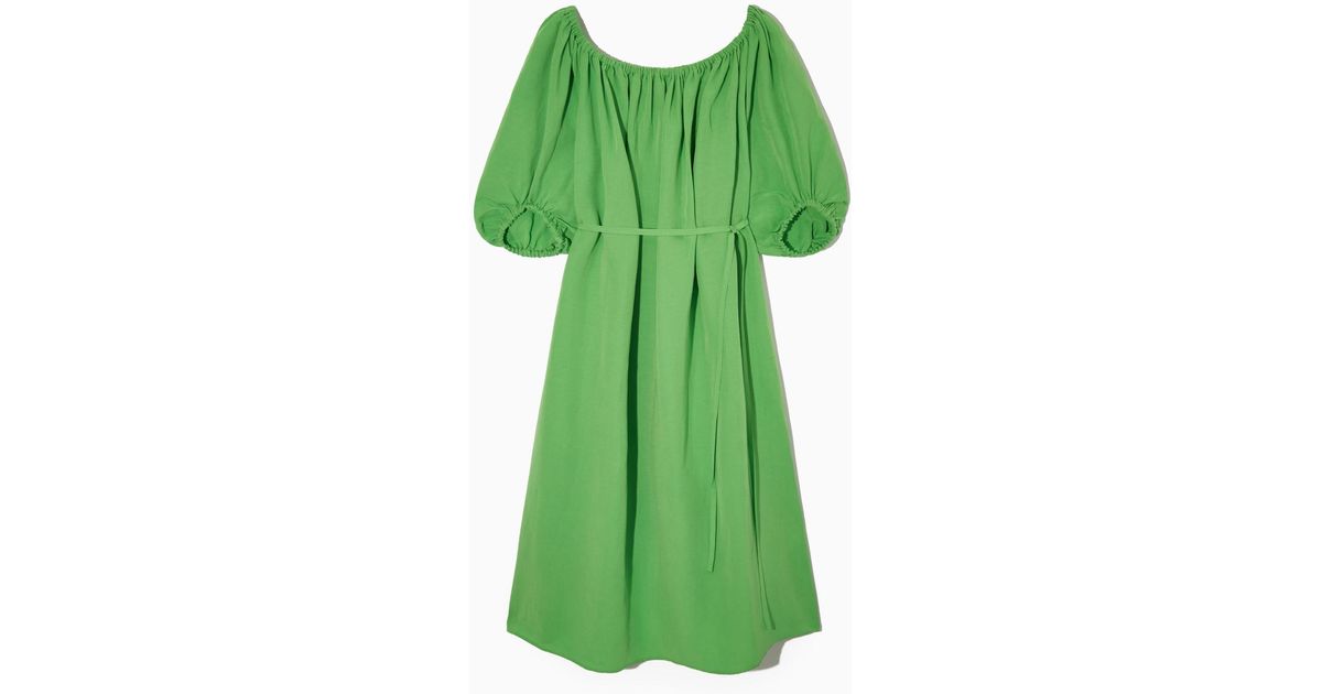 COS Linen Off-the-shoulder Puff-sleeve Dress in Green | Lyst