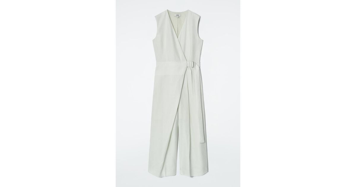 COS Wrap-Front Linen Jumpsuit in White | Lyst