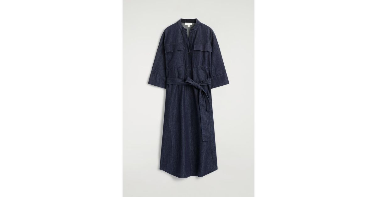 cos denim midi dress COS Women's Denim Utility Midi Shirt Dress in Dark Blue | Cotton