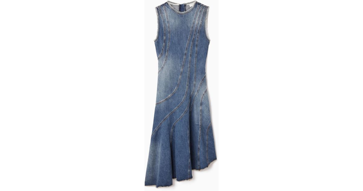 COS Asymmetric Panelled Denim Midi Dress in Blue