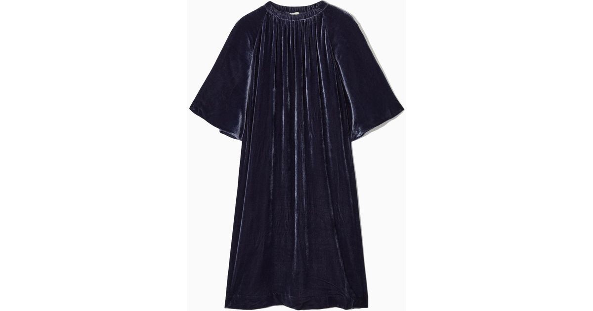 cos blue velvet dress DRAPED-NECK VELVET MIDI DRESS - NAVY