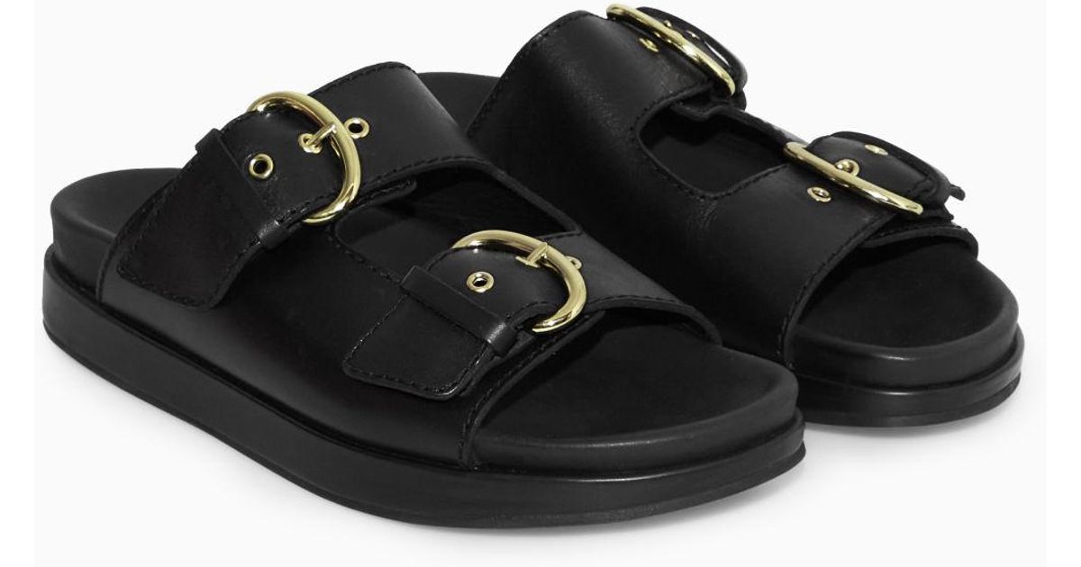 COS Chunky Buckled Leather Slides in Black | Lyst
