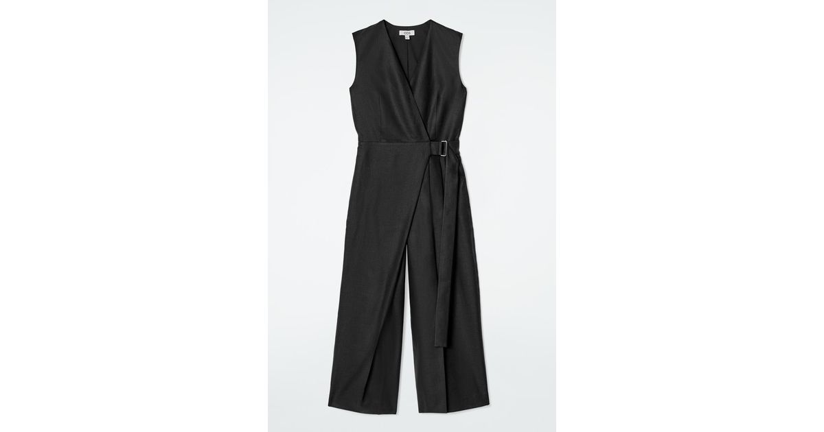 COS Wrap-Front Linen Jumpsuit in Black | Lyst