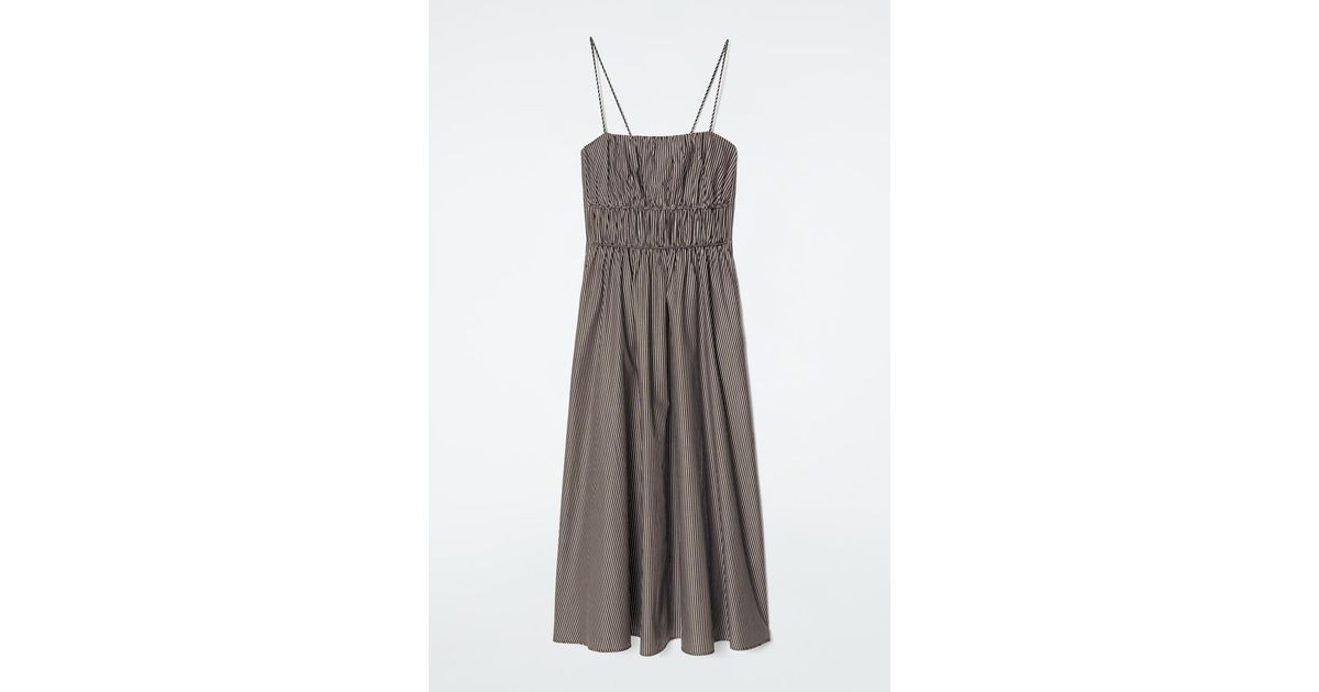 COS Striped Gathered-Waist Midi Dress in Brown | Lyst COS Striped Gathered-Waist Midi Dress in Brown | Lyst
