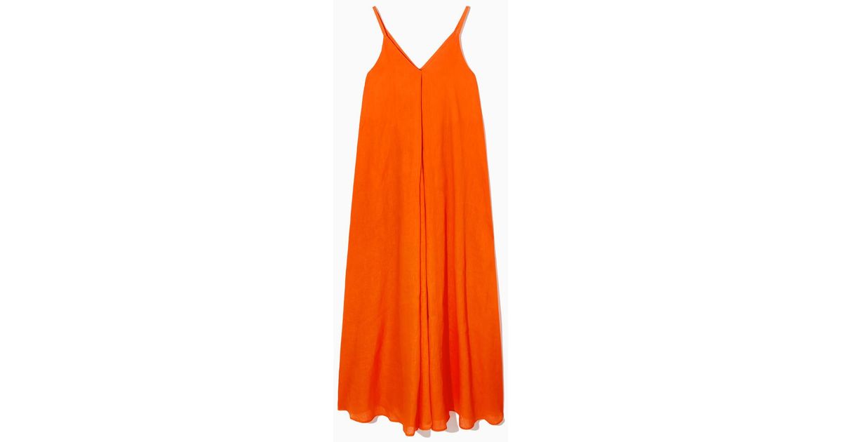 COS Pleated V-neck Linen Midi Dress in Orange | Lyst UK
