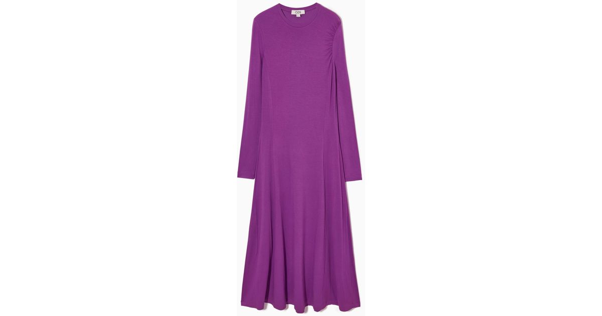 COS Synthetic Long-sleeved Gathered Jersey Midi Dress in Purple | Lyst