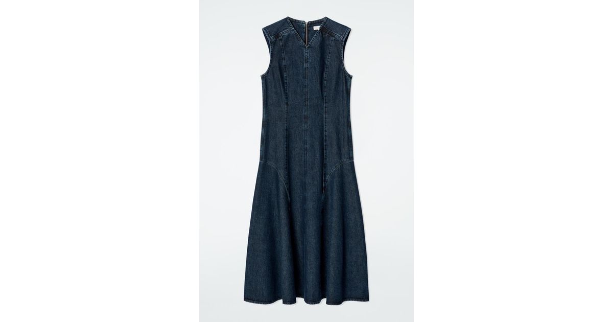 COS Dropped-Waist Denim Midi Dress in Blue | Lyst