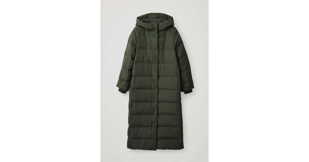 COS Hooded Long Puffer Coat in Green | Lyst
