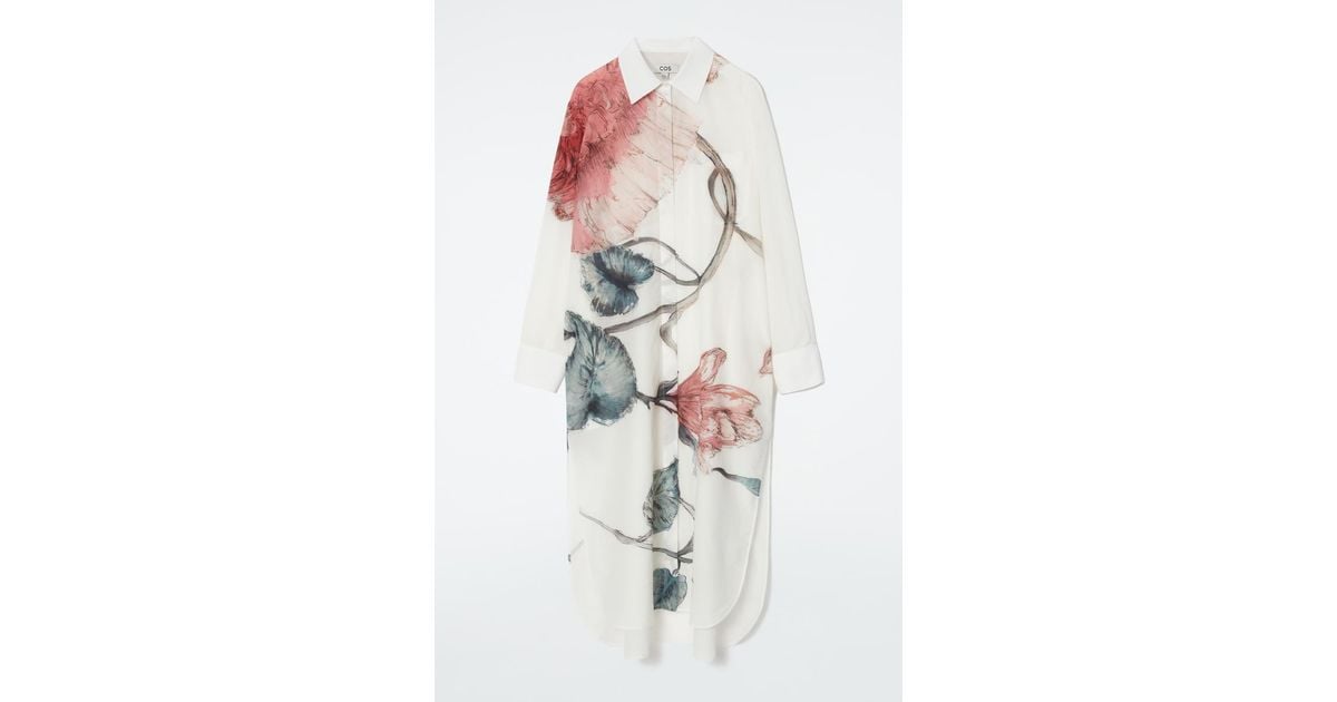 COS Oversized Floral-print Shirt Dress in White | Lyst UK