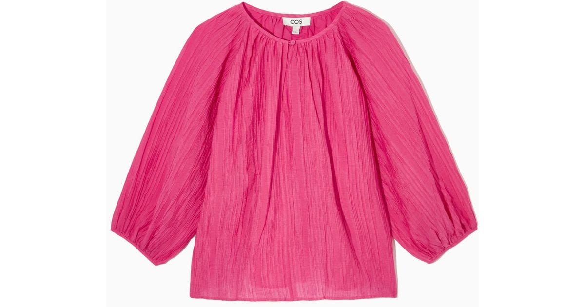 COS Synthetic Puff-sleeve Seersucker Blouse in Pink | Lyst