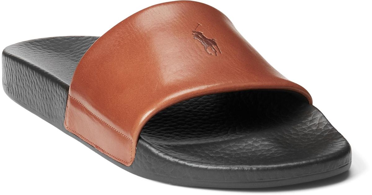 Polo Ralph Lauren Signature Pony Leather Sliders in Brown for Men | Lyst