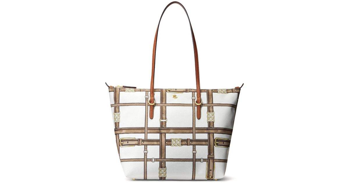 Lauren by Ralph Lauren Keaton Oxford Small Tote Shopper Bag in White | Lyst UK