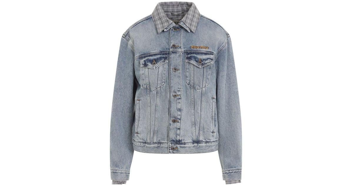 Miu Miu Denim Jacket With Plaid Collar in Blue | Lyst