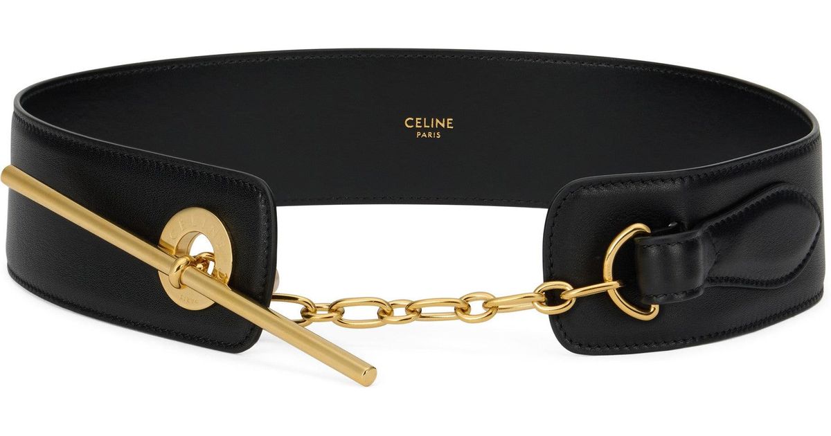 Celine Leather Belt With Golden Buckle in Black | Lyst