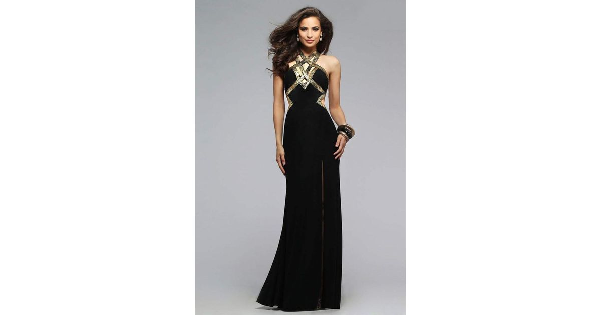 black dress with gold accents