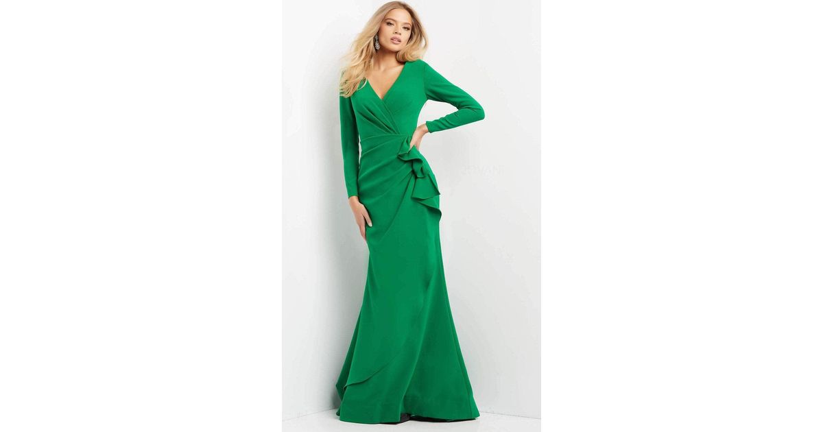Jovani 06995 Long Ruffle Draped Evening Dress in Emerald (Green) | Lyst