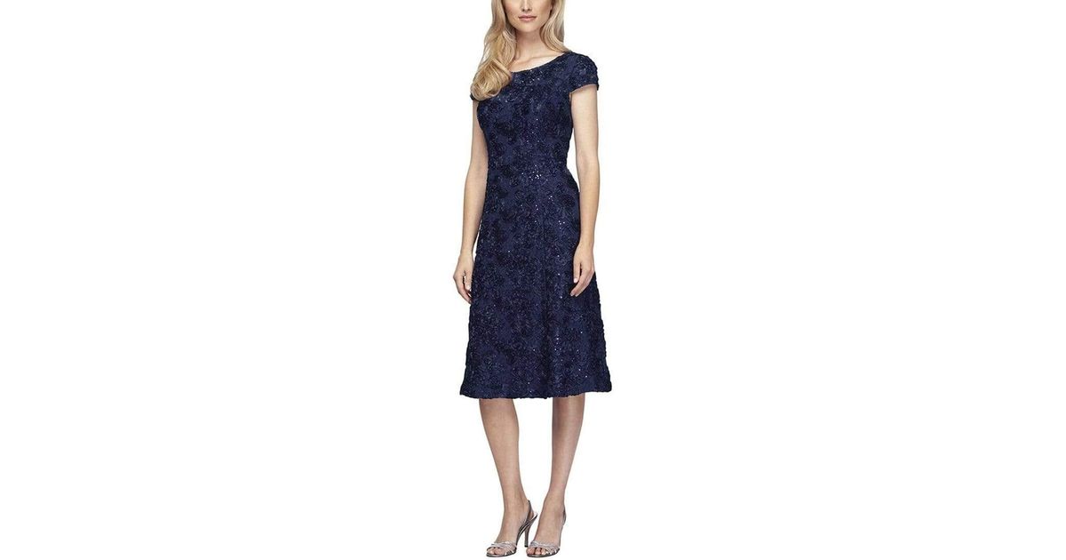 Alex Evenings 1121570 Sequined Rosette Lace A-line Dress in Navy (Blue ...
