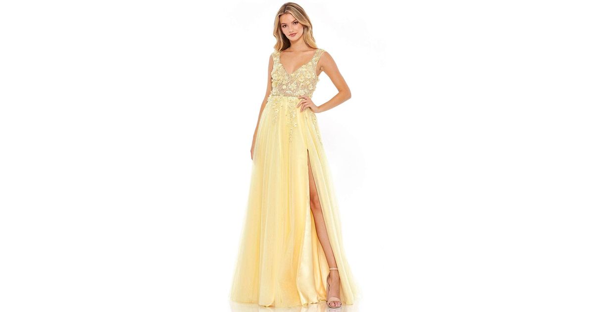 Mac Duggal 11201 Floral Applique Prom Dress in Yellow Lyst