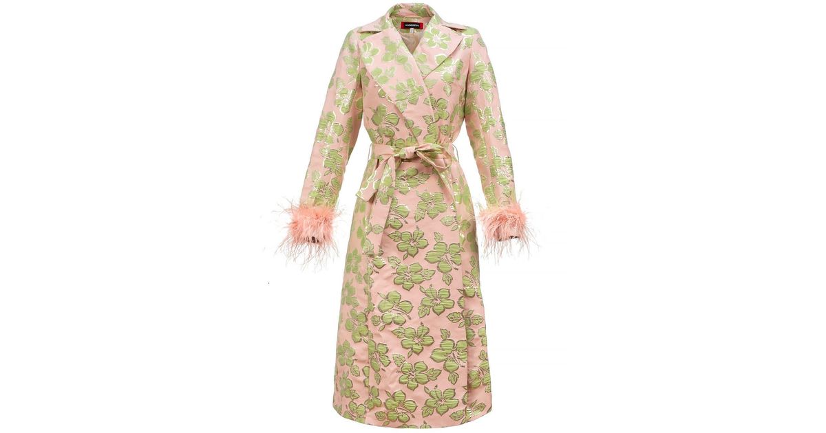 Andreeva Pink Feather-trimmed Jacquard Coat in Natural | Lyst UK