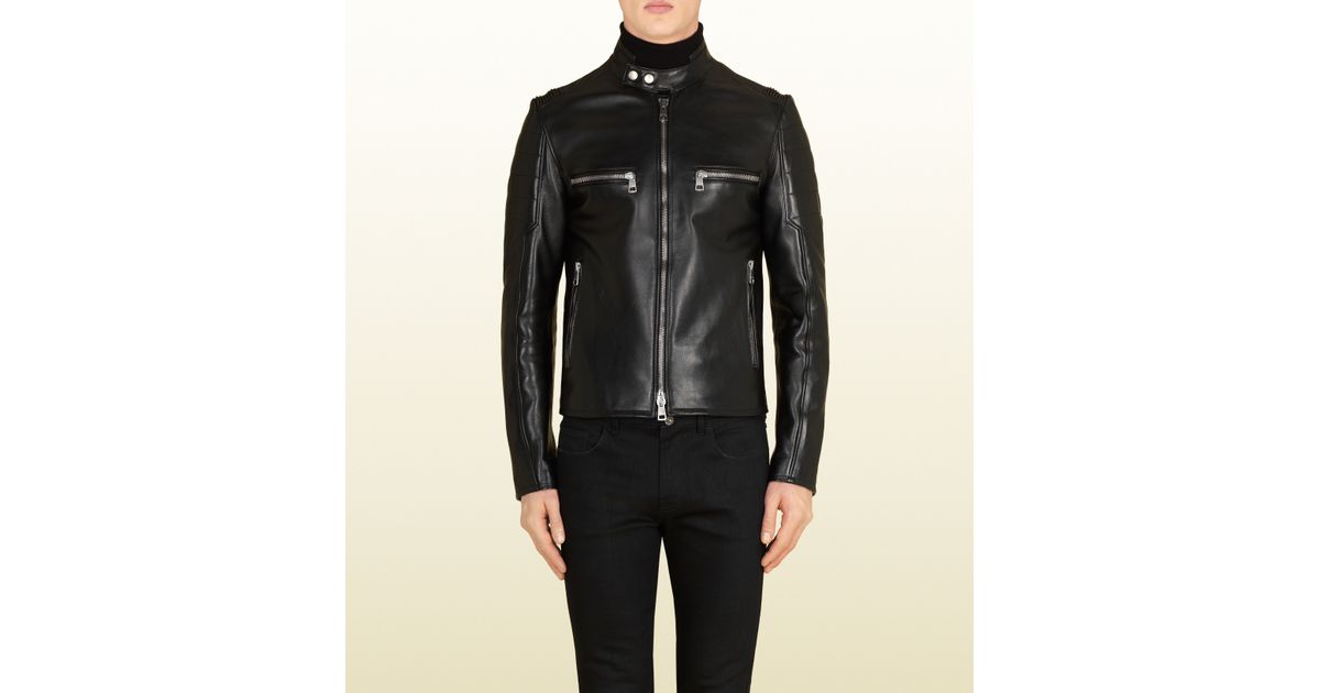 Gucci Black Shiny Leather Biker Jacket In For Men Lyst