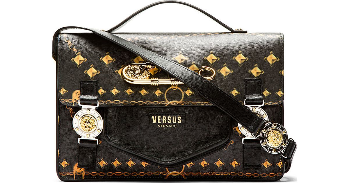 Lyst Versus Black And Gold Chain Stud Print Satchel Bag In