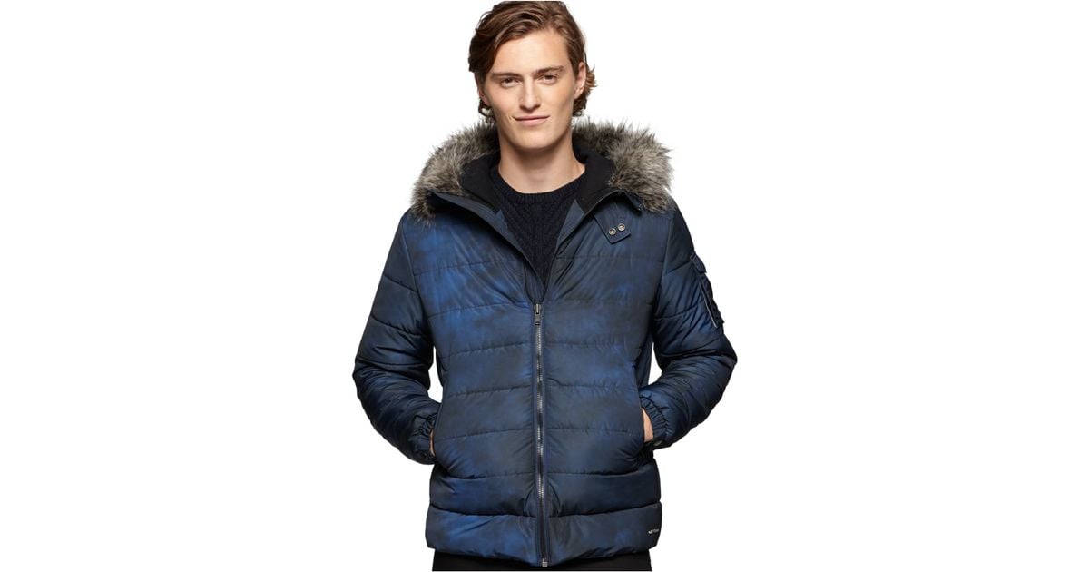Lyst Calvin Klein Jeans Faux Fur Trim Hooded Puffer Jacket In Blue Lyst Calvin Klein Jeans Faux Fur Trim Hooded Puffer Jacket In Blue For Men