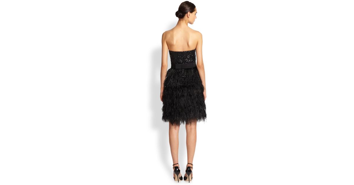 MILLY Strapless Sequin & Ostrich Feather Dress in Black | Lyst