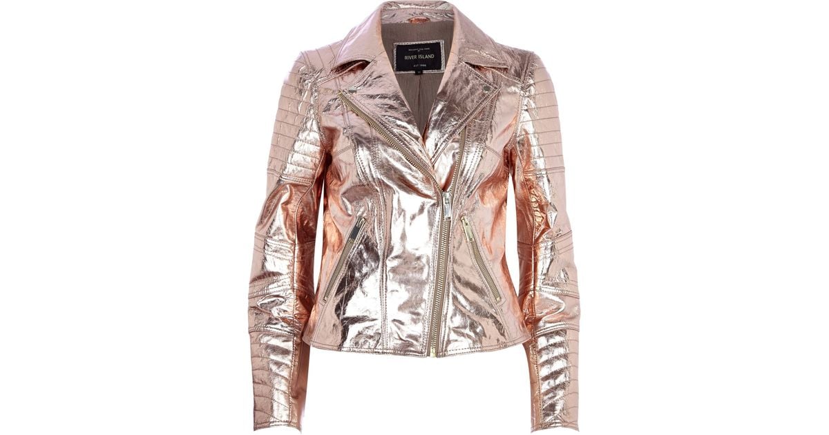River Island Pink Rose Gold Metallic Leather Biker Jacket