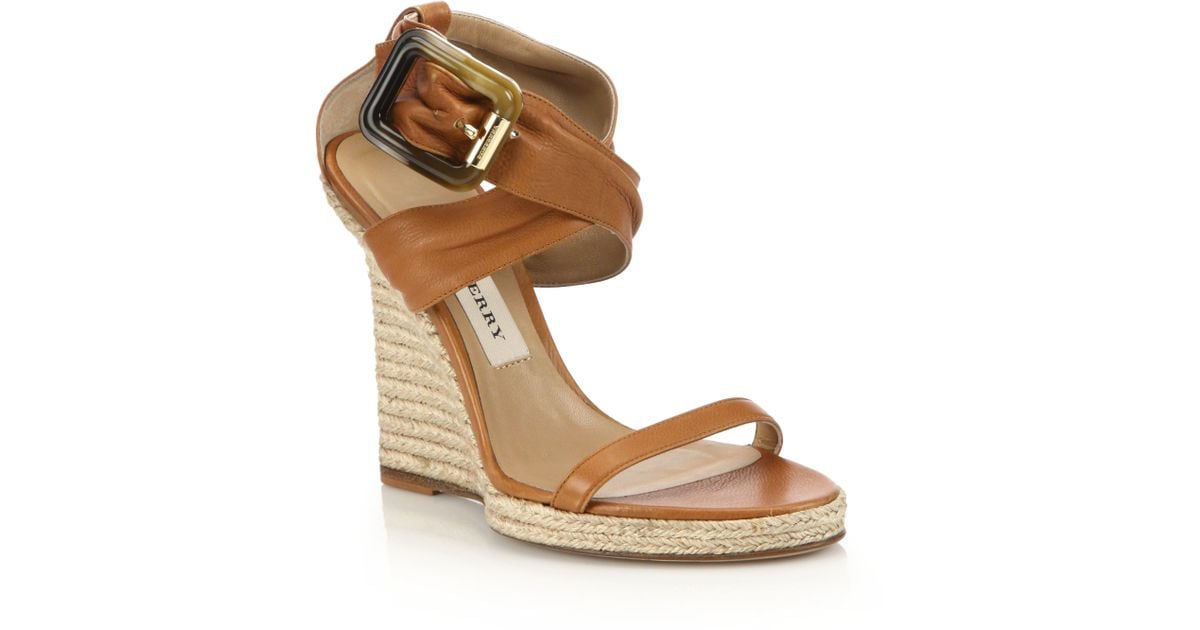 Burberry Catsbrook Leather Espadrille Wedge Sandals in Brown | Lyst