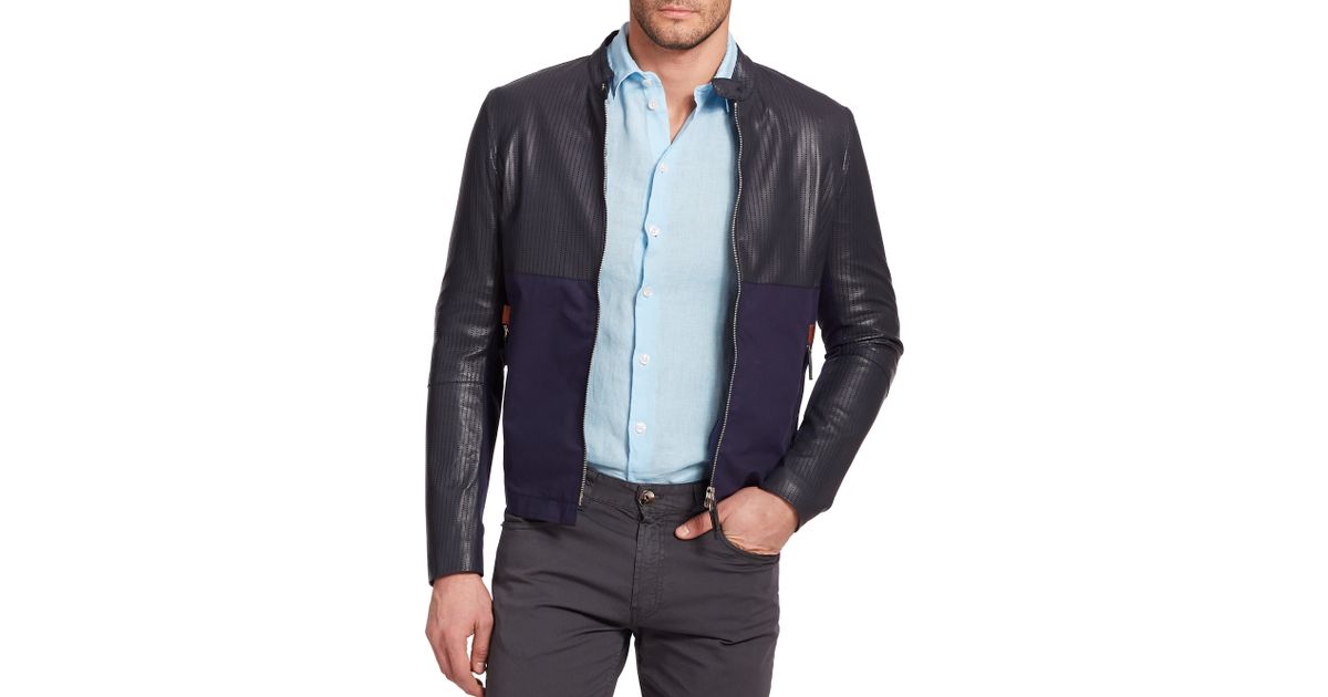 Armani Blue Perforated Leather Jacket For Men
