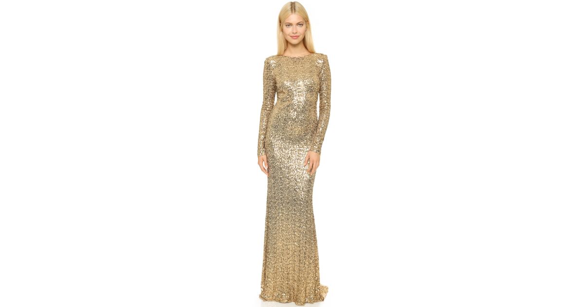 Badgley Mischka Long Sleeve Sequin Gown - Gold in Metallic | Lyst