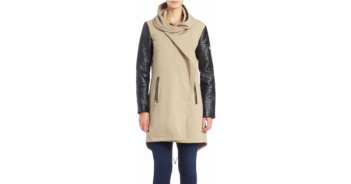 Lyst Vince Camuto Faux Leather Sleeve Asymmetrical Zip Coat In Natural