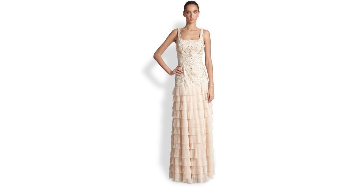 Sue Wong Embroidered Tieredskirt Gown In Antique Champagne